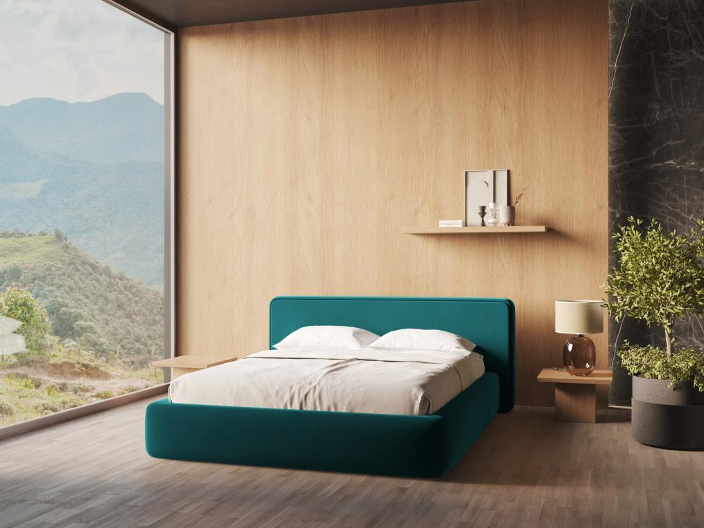 Lit en velours bleu, 180 x 200 cm