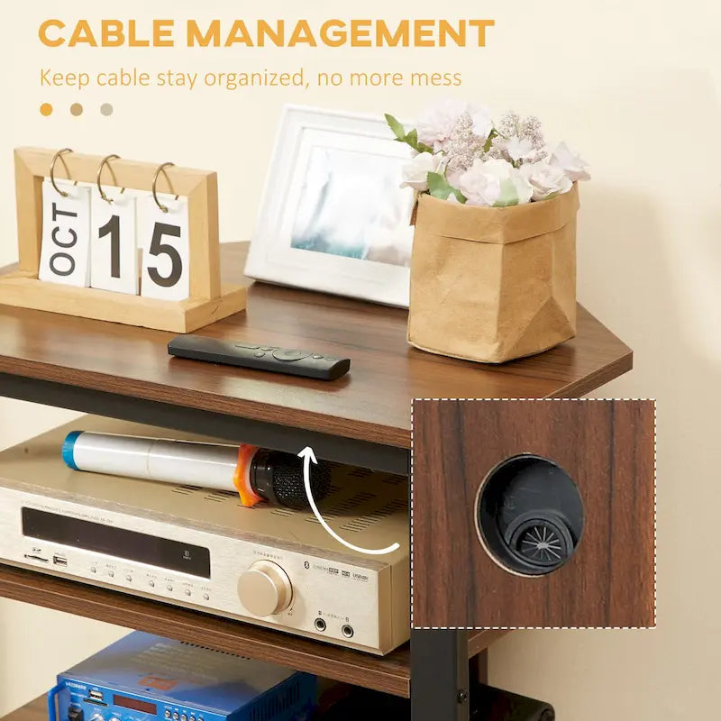 Meuble TV, meuble multimédia, tour audio d'angle avec étagères de rangement et structure en acier