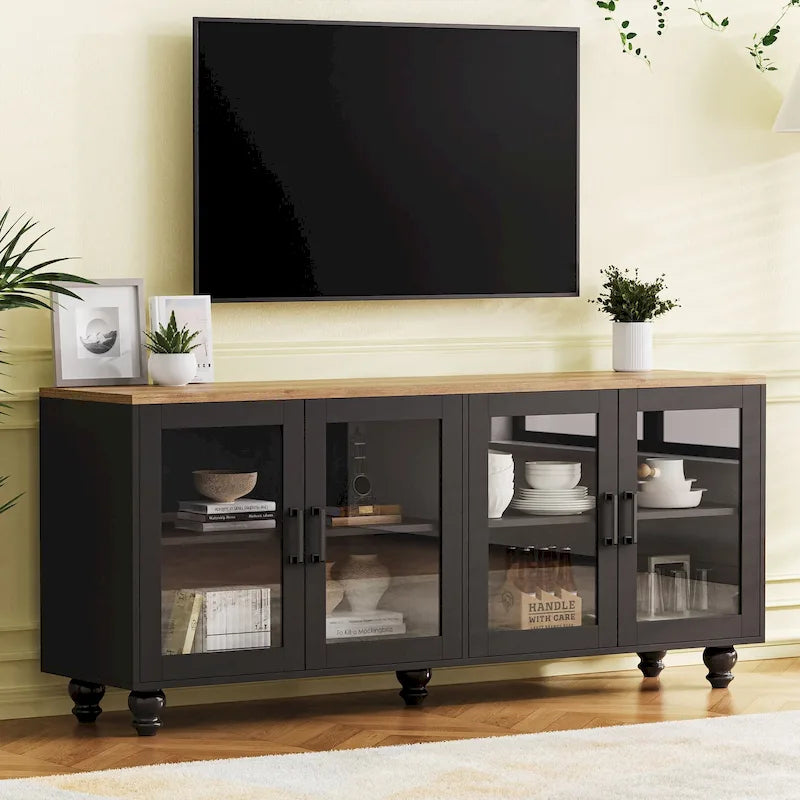 Meuble TV pour téléviseurs jusqu'à 70 pouces, buffet polyvalent, étagères réglables, portes en verre trempé, meuble buffet avec 5 pieds en forme de gourde