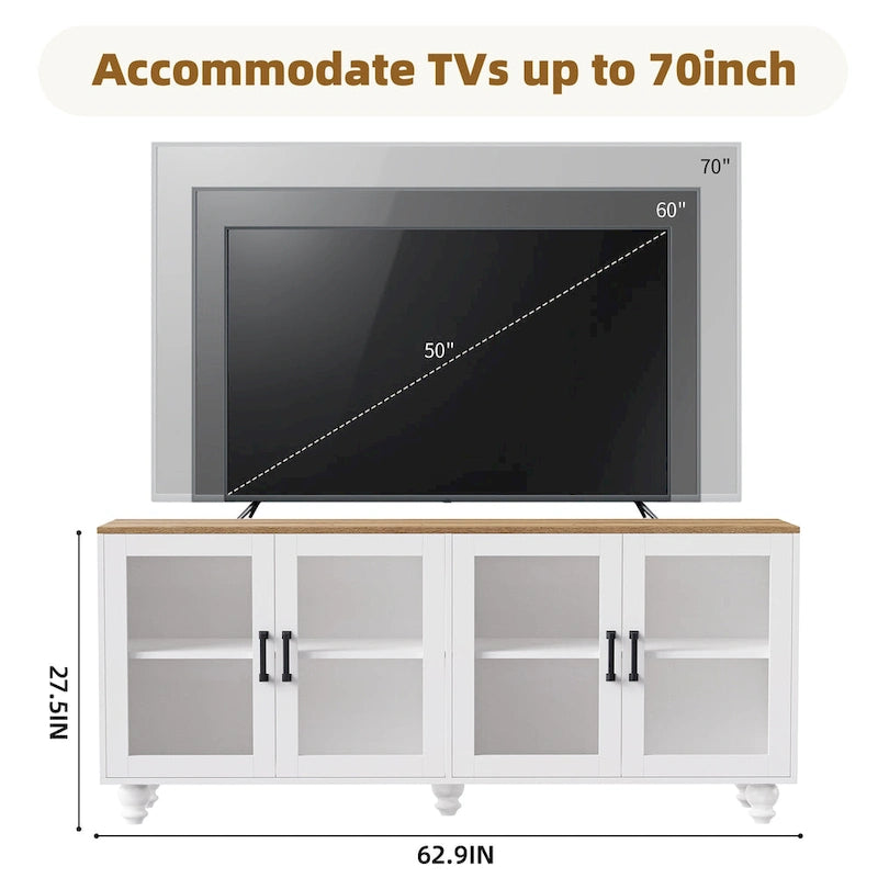 Meuble TV pour téléviseurs jusqu'à 70 pouces, buffet polyvalent, étagères réglables, portes en verre trempé, meuble buffet avec 5 pieds en forme de gourde
