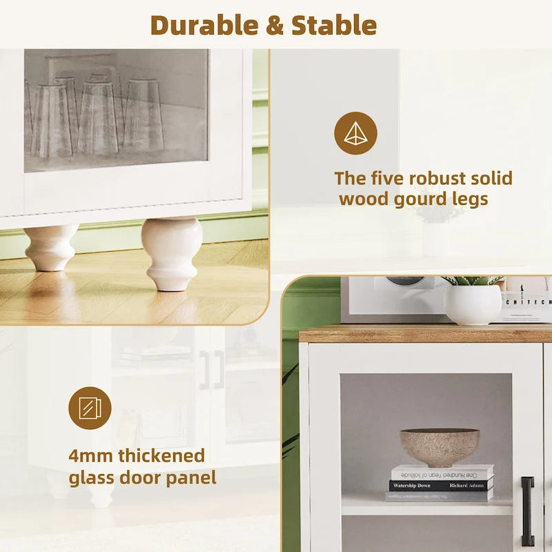 Meuble TV pour téléviseurs jusqu'à 70 pouces, buffet polyvalent, étagères réglables, portes en verre trempé, meuble buffet avec 5 pieds en forme de gourde