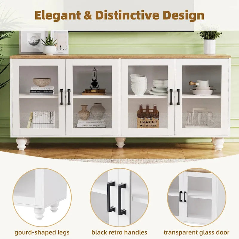 Meuble TV pour téléviseurs jusqu'à 70 pouces, buffet polyvalent, étagères réglables, portes en verre trempé, meuble buffet avec 5 pieds en forme de gourde