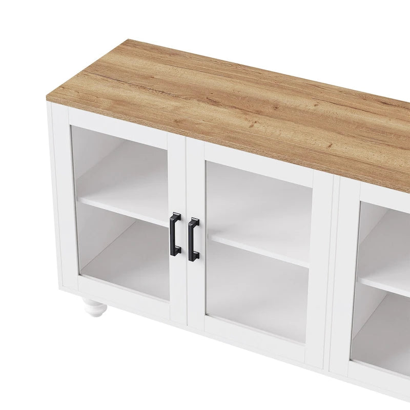 Meuble TV pour téléviseurs jusqu'à 70 pouces, buffet polyvalent, étagères réglables, portes en verre trempé, meuble buffet avec 5 pieds en forme de gourde