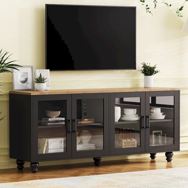 Meuble TV pour téléviseurs jusqu'à 70 pouces, buffet polyvalent, étagères réglables, portes en verre trempé, meuble buffet avec 5 pieds en forme de gourde