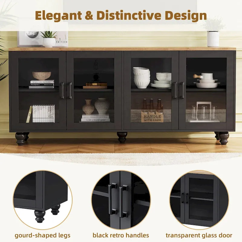 Meuble TV pour téléviseurs jusqu'à 70 pouces, buffet polyvalent, étagères réglables, portes en verre trempé, meuble buffet avec 5 pieds en forme de gourde