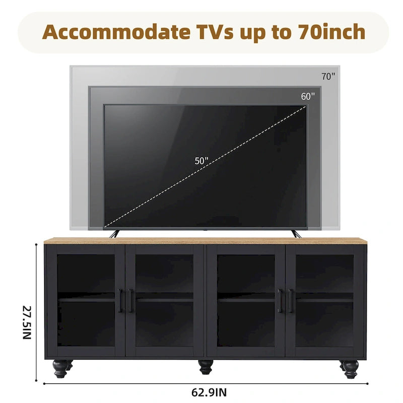 Meuble TV pour téléviseurs jusqu'à 70 pouces, buffet polyvalent, étagères réglables, portes en verre trempé, meuble buffet avec 5 pieds en forme de gourde