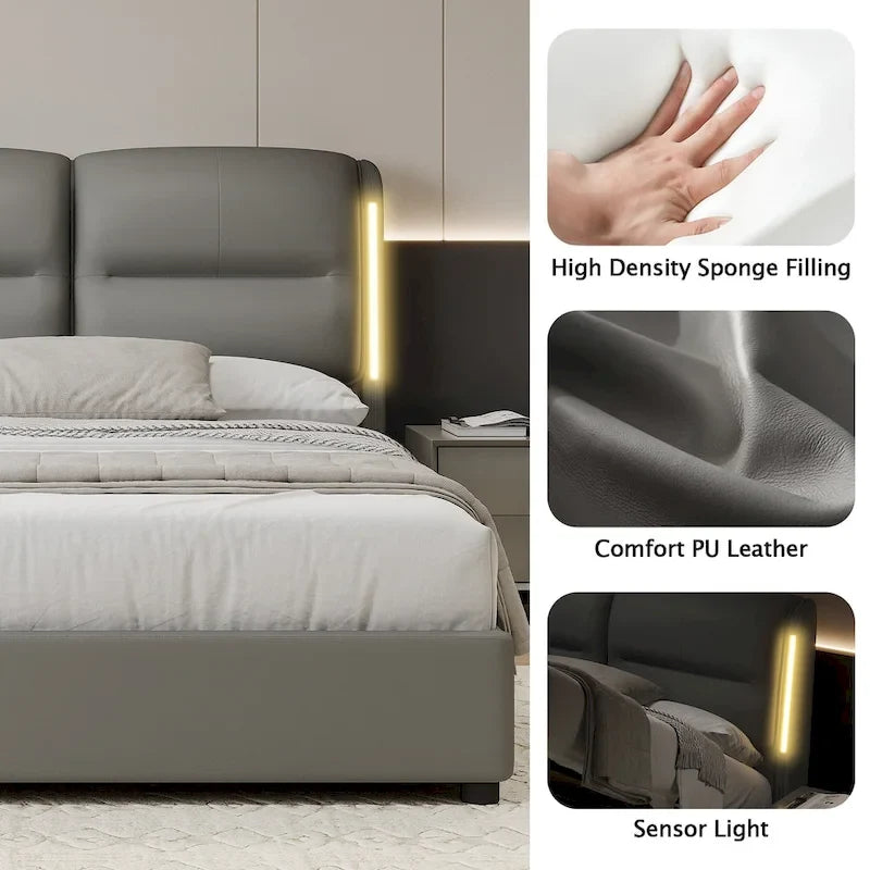 Lit plateforme hydraulique moderne King Size avec rangement intégré et éclairage LED à détecteur de mouvement, cadre en métal, sommier non requis