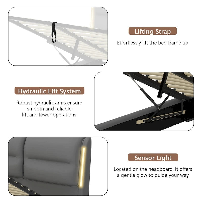 Lit plateforme hydraulique moderne King Size avec rangement intégré et éclairage LED à détecteur de mouvement, cadre en métal, sommier non requis