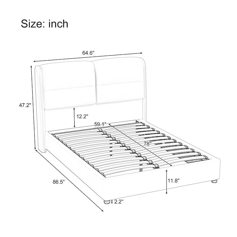Lit plateforme hydraulique moderne King Size avec rangement intégré et éclairage LED à détecteur de mouvement, cadre en métal, sommier non requis