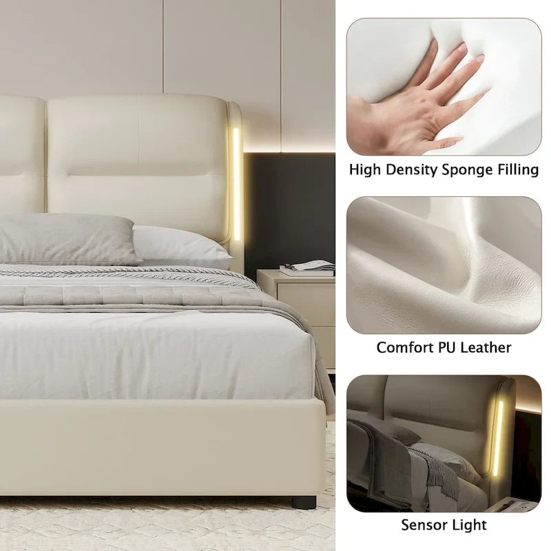 Lit plateforme hydraulique moderne King Size avec rangement intégré et éclairage LED à détecteur de mouvement, cadre en métal, sommier non requis