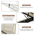 Lit plateforme hydraulique moderne King Size avec rangement intégré et éclairage LED à détecteur de mouvement, cadre en métal, sommier non requis