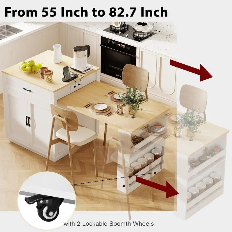 Îlot de cuisine Betsy avec table à manger extensible pour 4 à 6 personnes