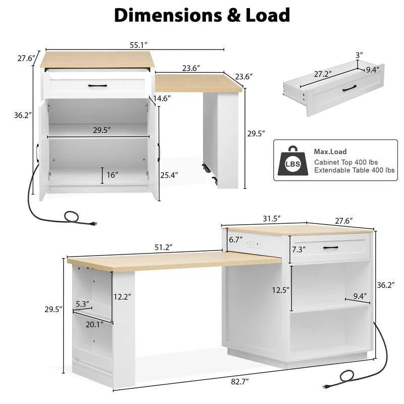 Îlot de cuisine Betsy avec table à manger extensible pour 4 à 6 personnes