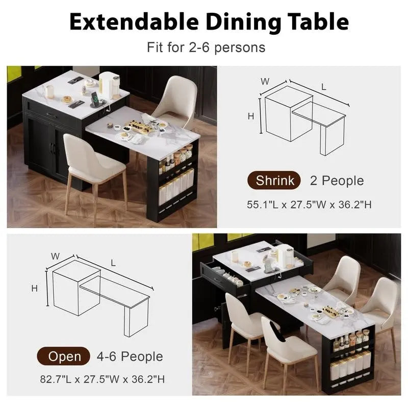 Îlot de cuisine Betsy avec table à manger extensible pour 4 à 6 personnes
