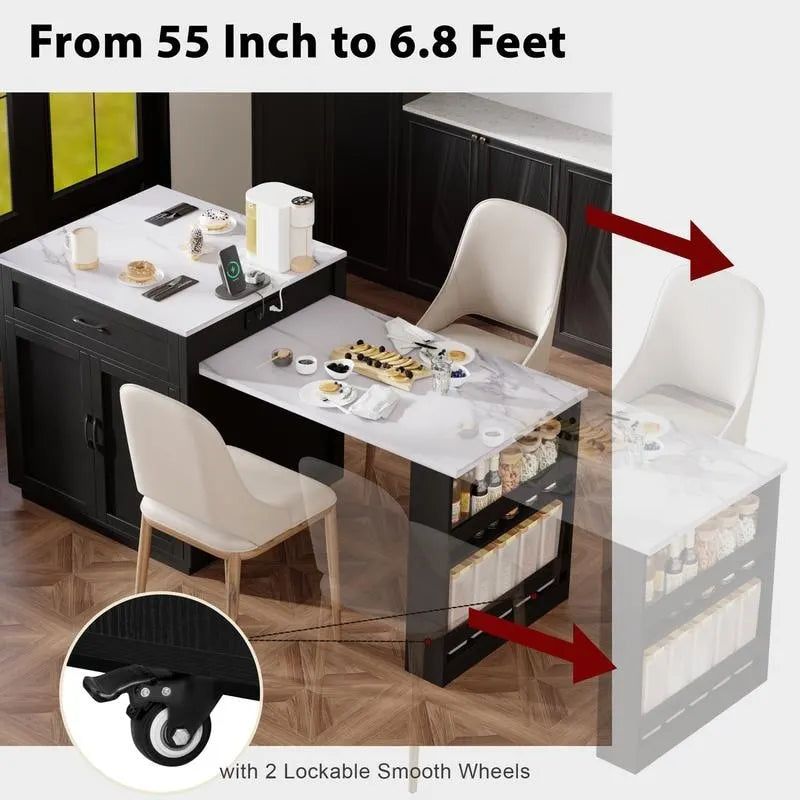 Îlot de cuisine Betsy avec table à manger extensible pour 4 à 6 personnes