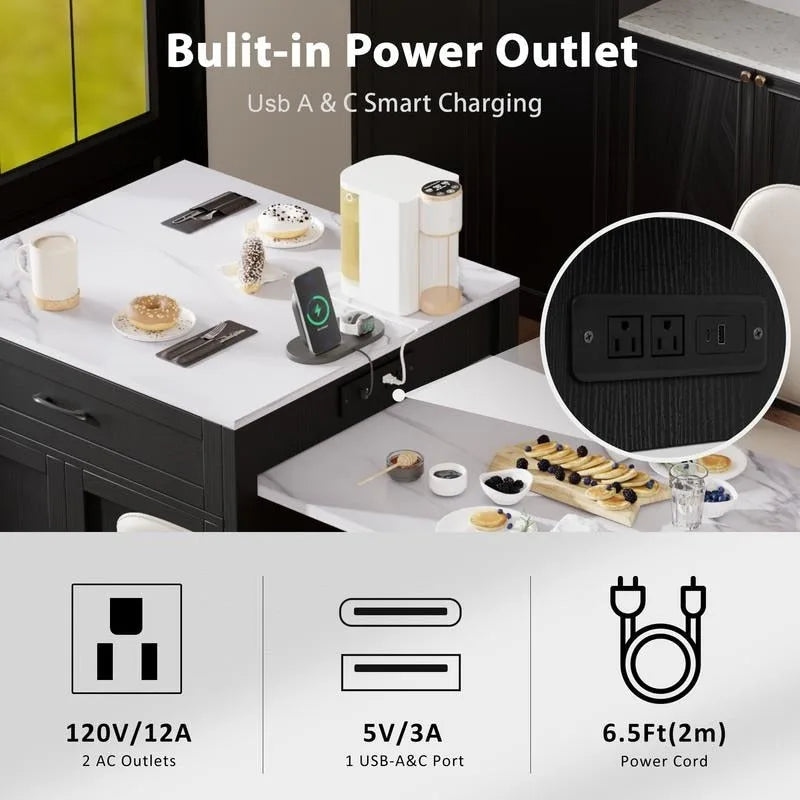 Îlot de cuisine Betsy avec table à manger extensible pour 4 à 6 personnes