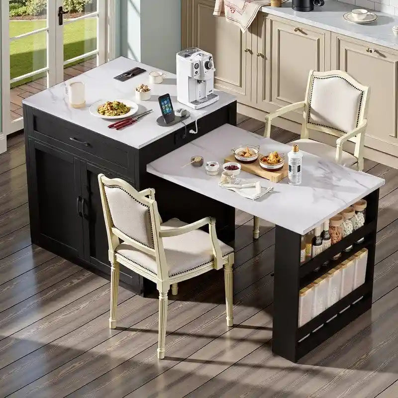 Îlot de cuisine Betsy avec table à manger extensible pour 4 à 6 personnes