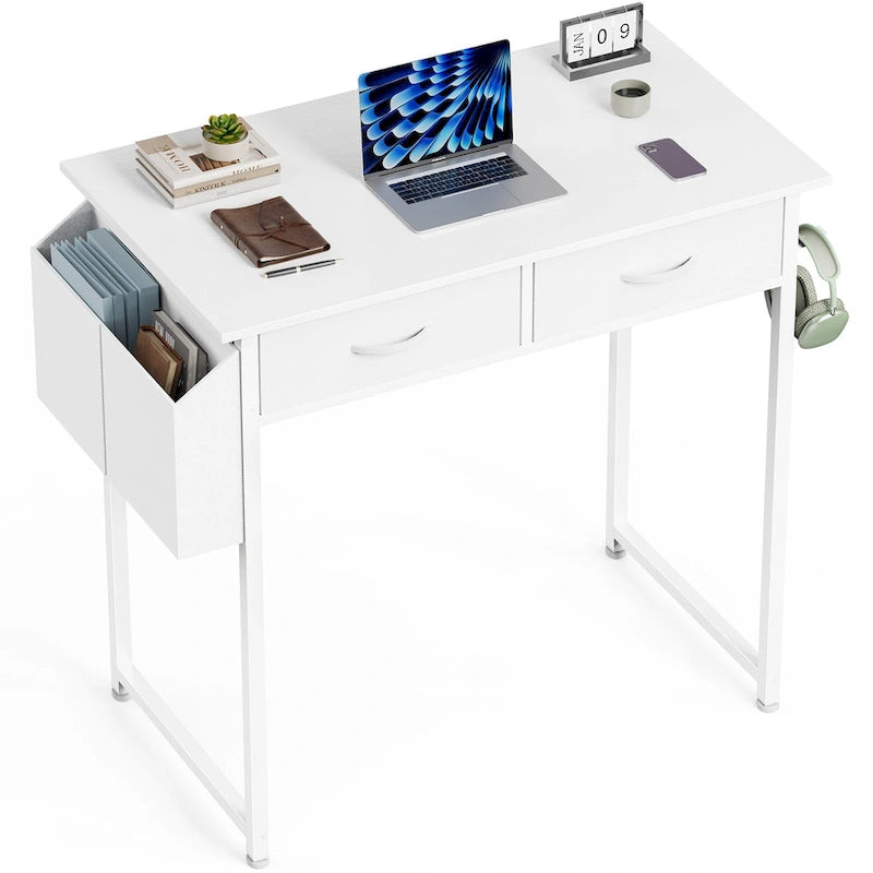Bureau moderne avec 2 tiroirs intégrés et crochet pour casque audio, idéal pour les petits bureaux à domicile et les chambres.