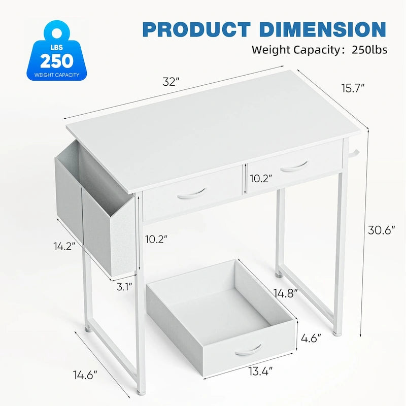 Bureau moderne avec 2 tiroirs intégrés et crochet pour casque audio, idéal pour les petits bureaux à domicile et les chambres.