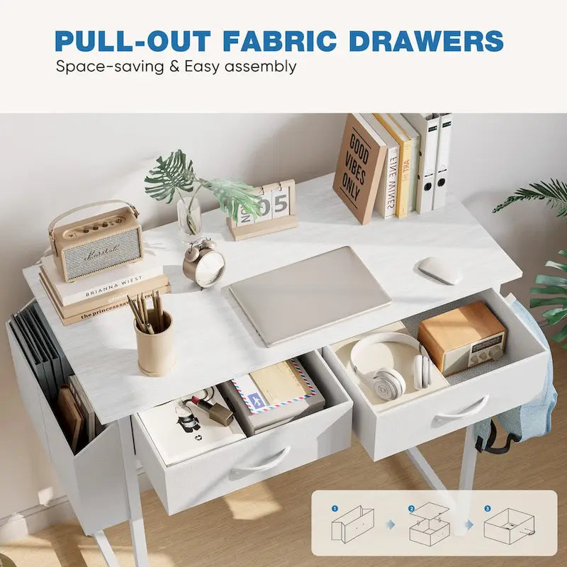 Bureau moderne avec 2 tiroirs intégrés et crochet pour casque audio, idéal pour les petits bureaux à domicile et les chambres.