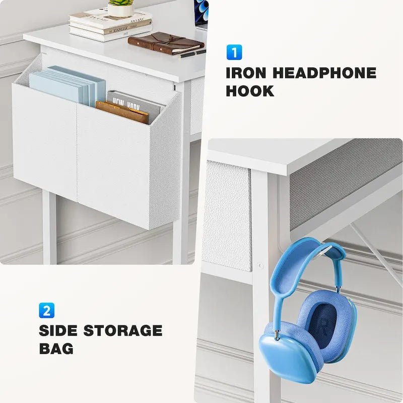 Bureau moderne avec 2 tiroirs intégrés et crochet pour casque audio, idéal pour les petits bureaux à domicile et les chambres.