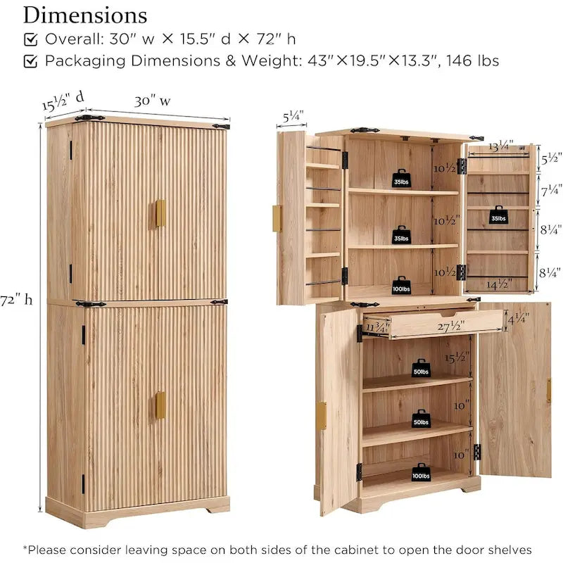 Armoire de rangement moderne cannelée de 72 pouces de haut, avec 4 portes