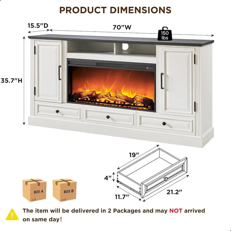 Meuble TV style ferme avec cheminée pour téléviseur 80 pouces, centre de divertissement