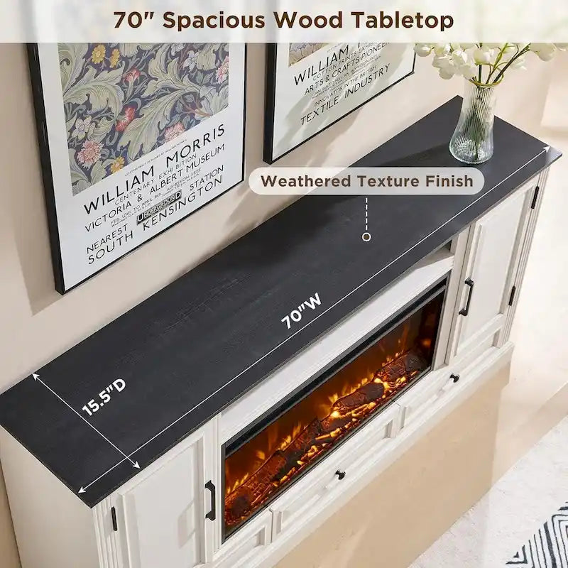 Meuble TV style ferme avec cheminée pour téléviseur 80 pouces, centre de divertissement