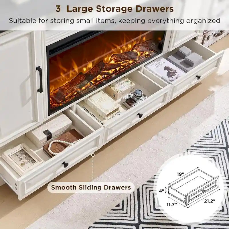 Meuble TV style ferme avec cheminée pour téléviseur 80 pouces, centre de divertissement