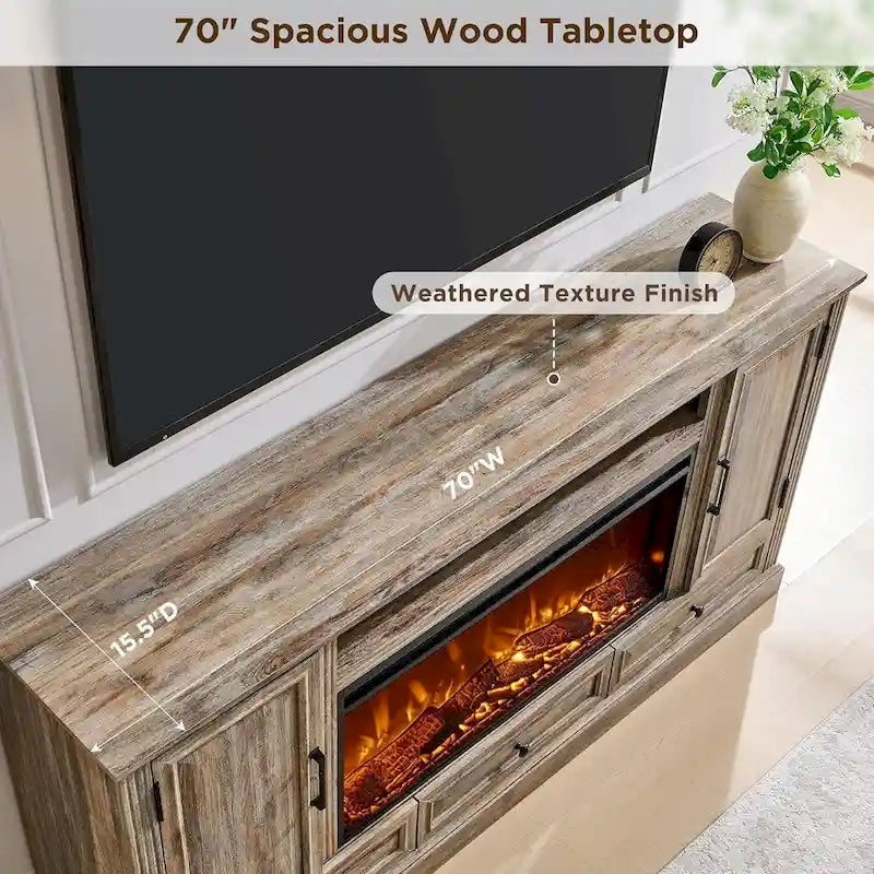 Meuble TV style ferme avec cheminée pour téléviseur 80 pouces, centre de divertissement