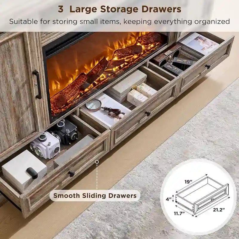 Meuble TV style ferme avec cheminée pour téléviseur 80 pouces, centre de divertissement