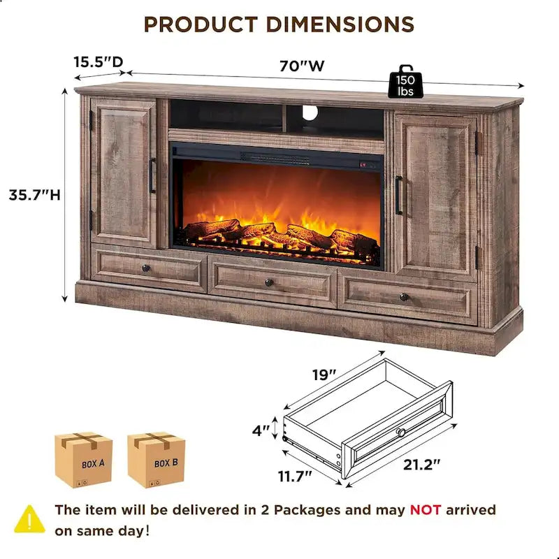 Meuble TV style ferme avec cheminée pour téléviseur 80 pouces, centre de divertissement