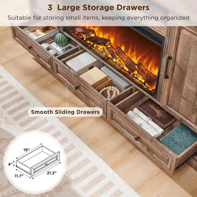Meuble TV style ferme avec cheminée pour téléviseur 80 pouces, centre de divertissement