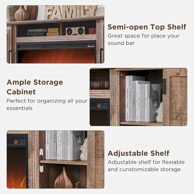 Meuble TV style ferme avec cheminée pour téléviseur 80 pouces, centre de divertissement