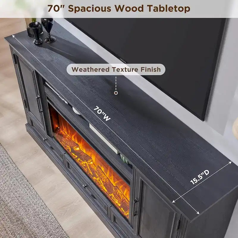 Meuble TV style ferme avec cheminée pour téléviseur 80 pouces, centre de divertissement