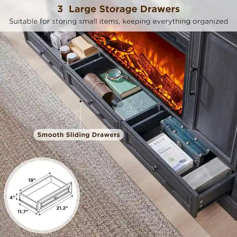 Meuble TV style ferme avec cheminée pour téléviseur 80 pouces, centre de divertissement