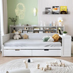 Wooden Full Size Daybed with Storage Shelves, Two Drawers & Study Desk,Antique White