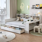 Lit de jour en bois (taille standard) avec étagères de rangement, deux tiroirs et bureau, blanc antique