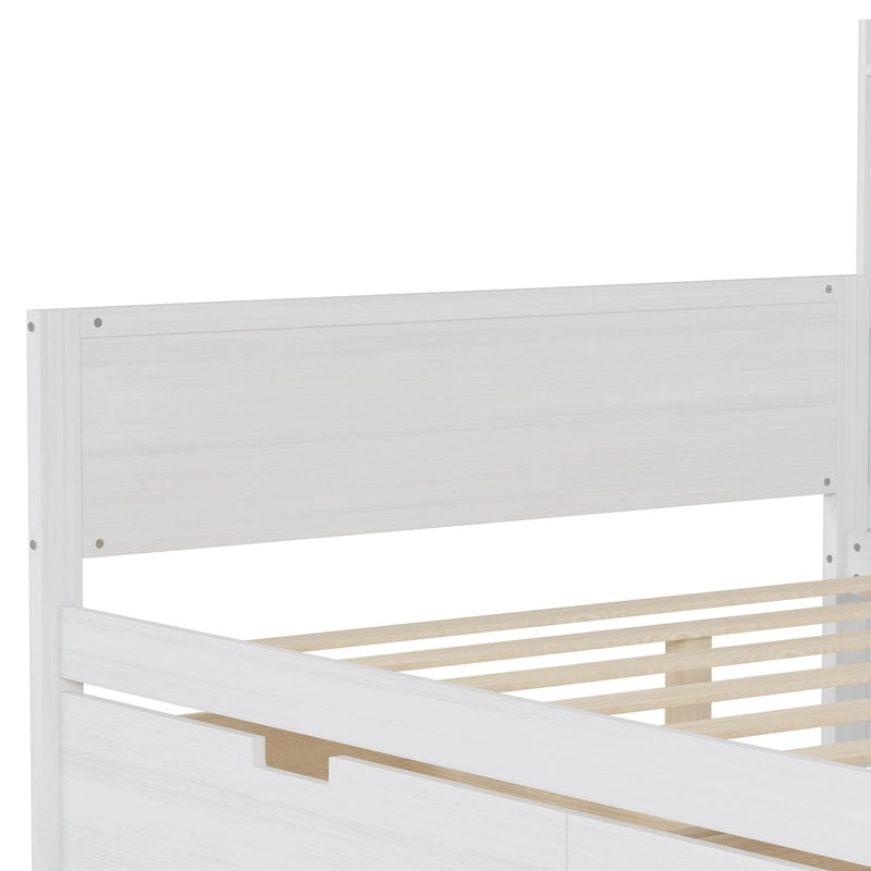 Lit de jour en bois (taille standard) avec étagères de rangement, deux tiroirs et bureau, blanc antique