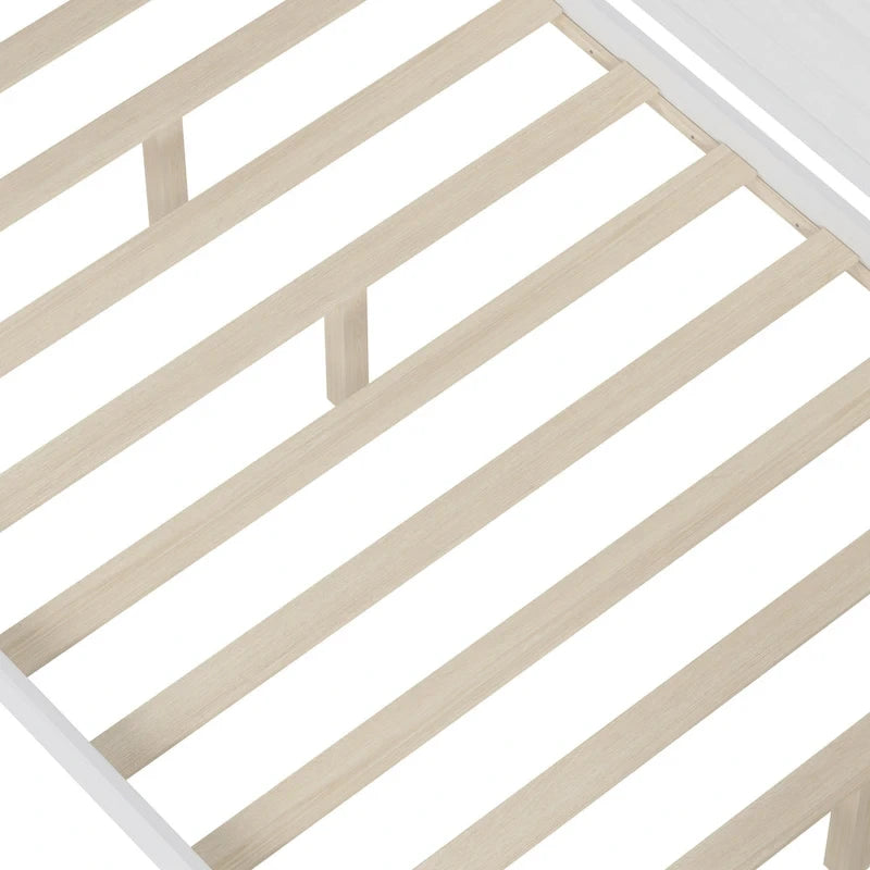 Lit de jour en bois (taille standard) avec étagères de rangement, deux tiroirs et bureau, blanc antique