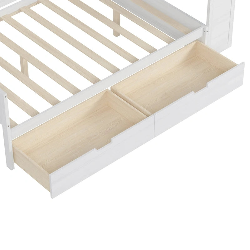 Lit de jour en bois (taille standard) avec étagères de rangement, deux tiroirs et bureau, blanc antique