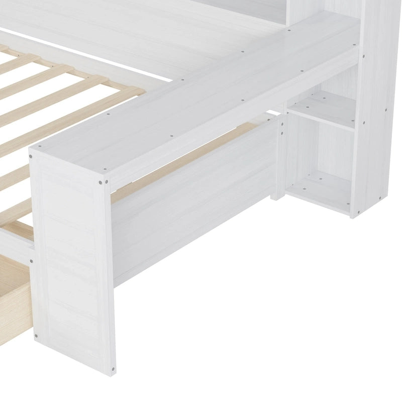 Lit de jour en bois (taille standard) avec étagères de rangement, deux tiroirs et bureau, blanc antique