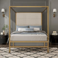 Metal 4-Poster Bed Frame Modern Canopy Upholstered Bed with Tall Upholstered Headboard