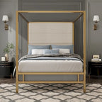 Metal 4-Poster Bed Frame Modern Canopy Upholstered Bed with Tall Upholstered Headboard