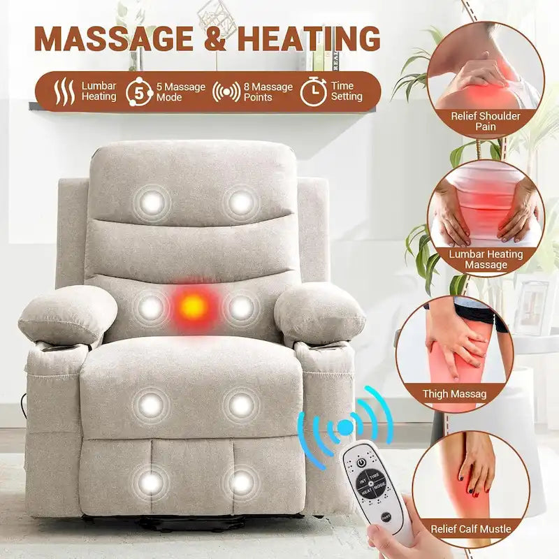 Fauteuil releveur électrique surdimensionné, fauteuil inclinable pour personnes âgées avec fonction chauffante et massage