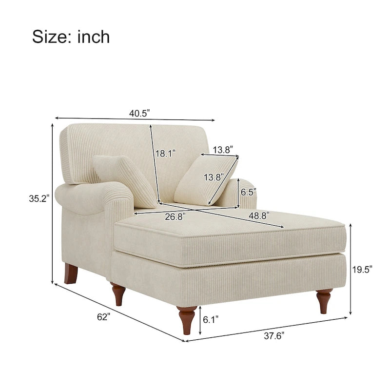 Chaise longue Roomfitters 40,5, canapé d'intérieur surdimensionné avec coussins et accoudoirs arrondis, revêtement en velours côtelé, beige