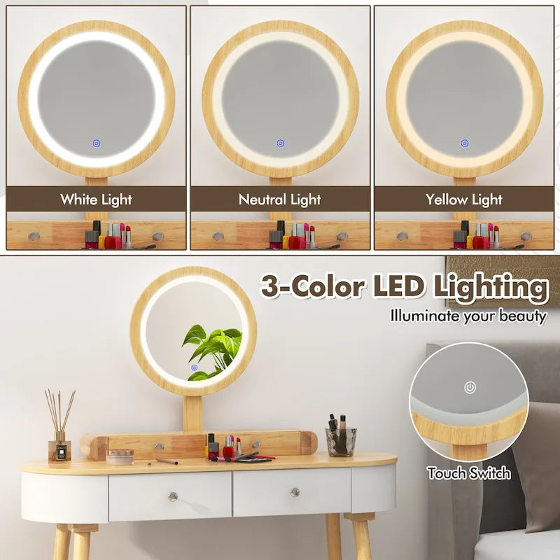 Ensemble coiffeuse en bois massif Costway avec miroir lumineux LED