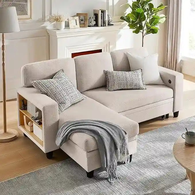 Modern Sleeper Sofa Bed, Couch Bed with Bookshelves & Charging Port