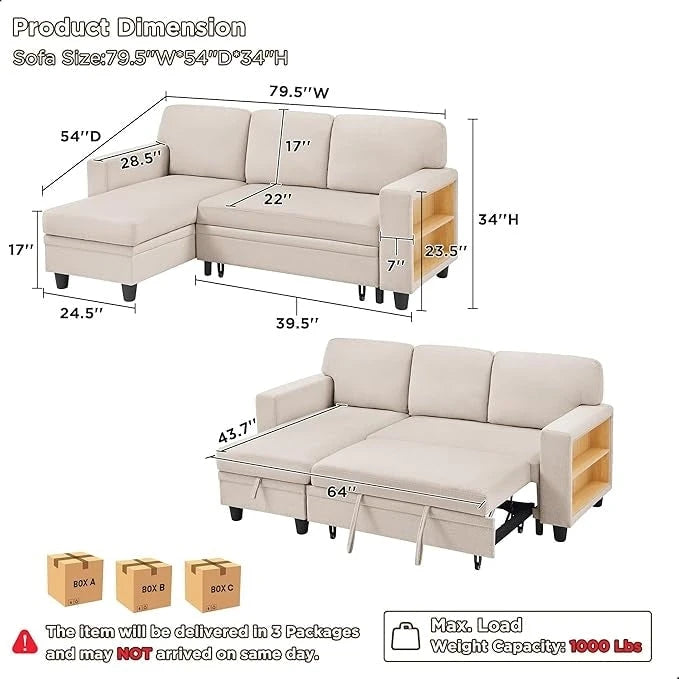 Canapé-lit moderne avec étagères et port de chargement