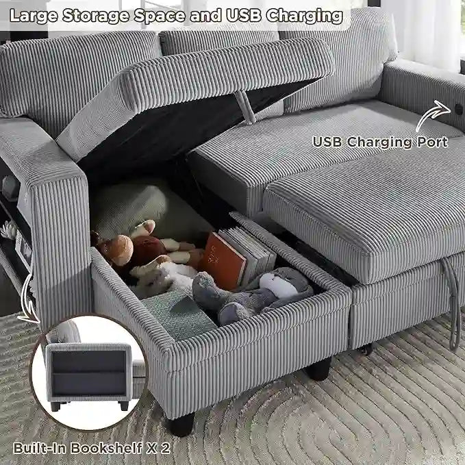 Canapé-lit moderne avec étagères et port de chargement